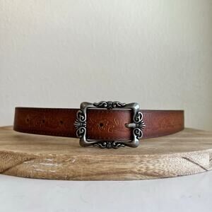 Brown Genuine Leather Stitched Detailed Silver Embellished Belt Size XL